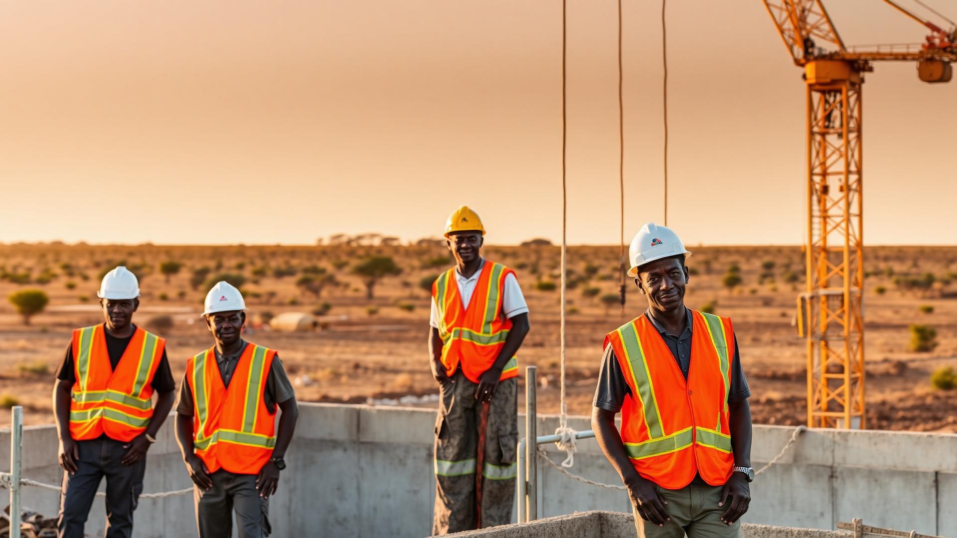 Construction site at golden hour with workers and cranes